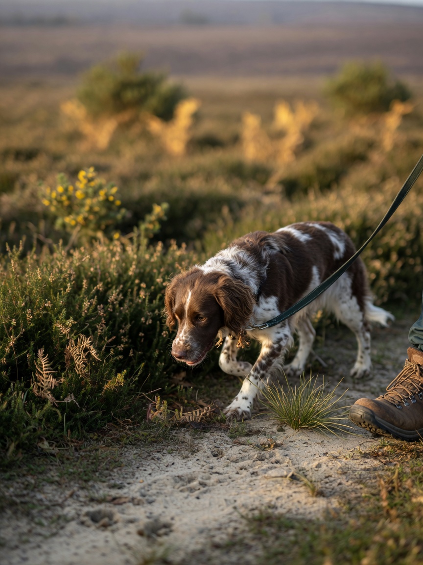 A dog on lead walking cautiously through heathland vegetation where adders may be present