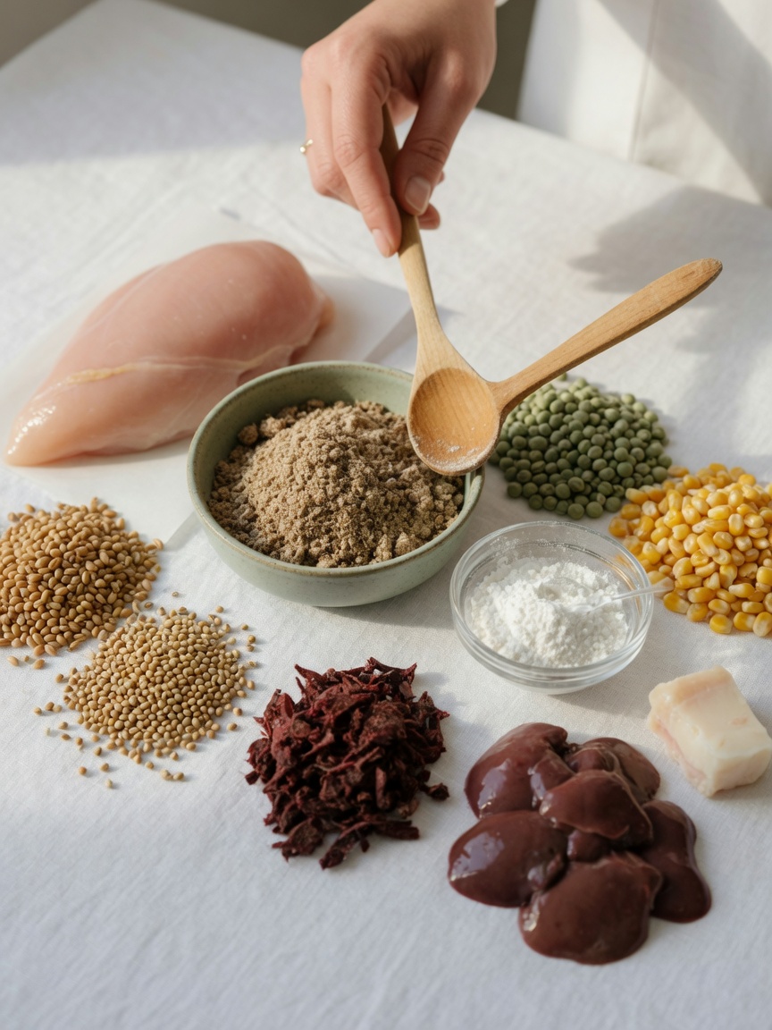 Flat-lay arrangement of Hill's Science Diet ingredient components with nutritionist's hand for scale and reference