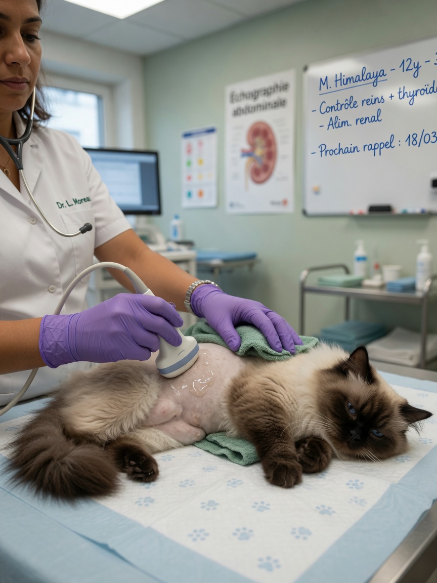 Veterinarian performing ultrasound examination on a seal-point Himalayan cat in a clinical setting