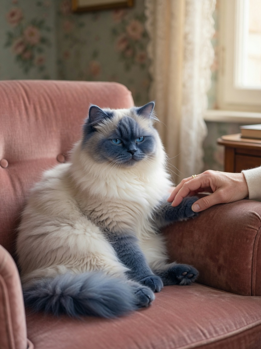 Blue-point Himalayan cat sitting peacefully beside owner's hand in a quiet sunlit living room
