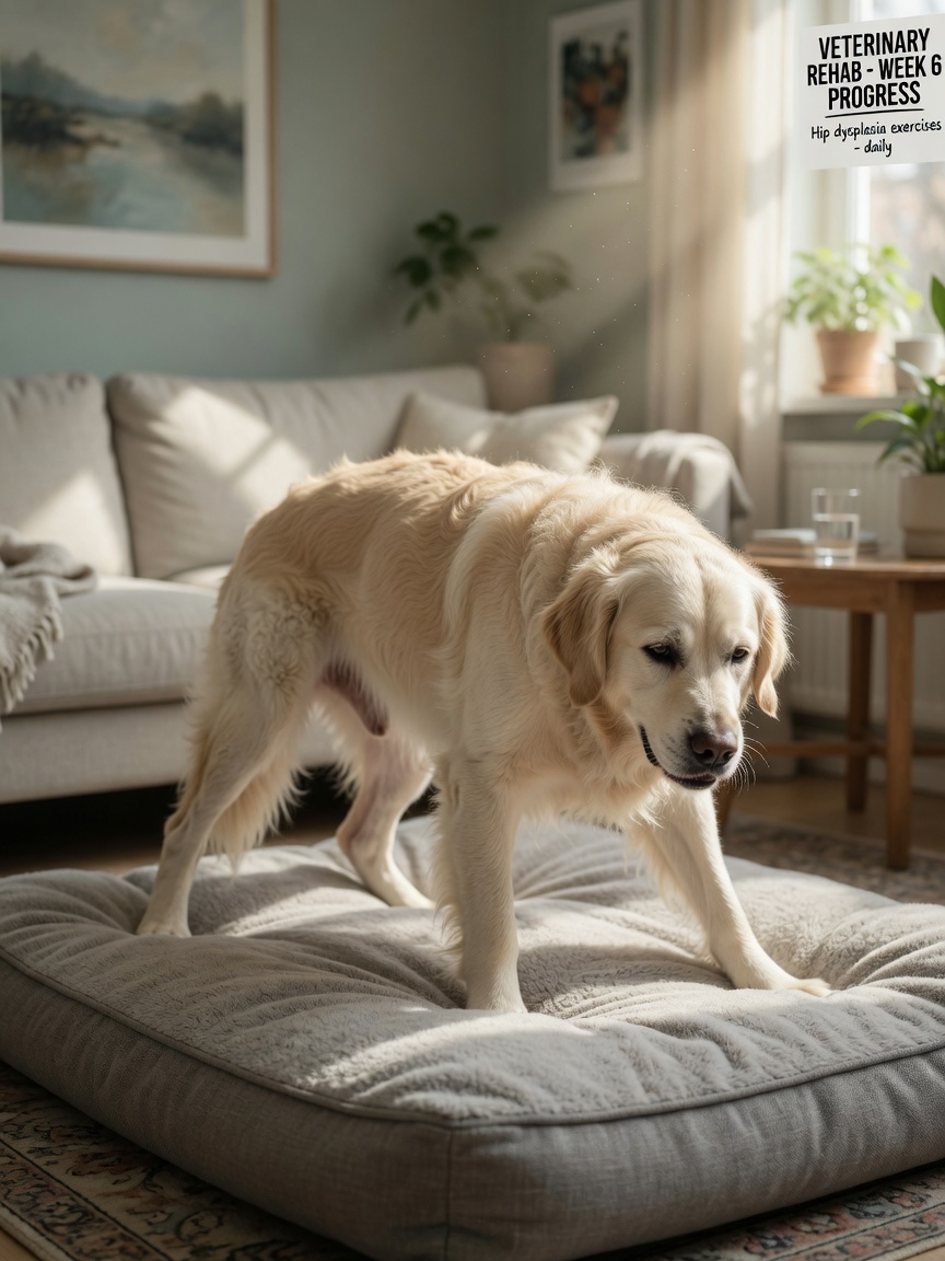Large Golden Retriever with cream coat struggling to rise from dog bed, showing signs of hip dysplasia