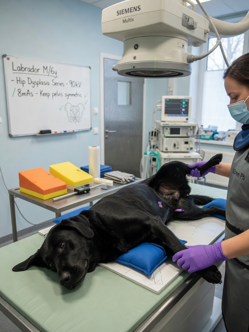 Veterinarian positioning sedated Labrador Retriever for diagnostic hip radiography examination