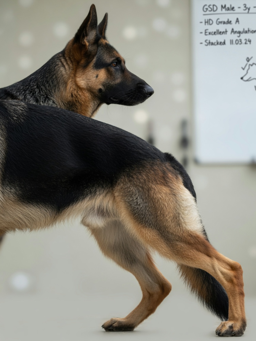 A German Shepherd in profile showing typical breed conformation with sloping topline and hindquarter angulation.