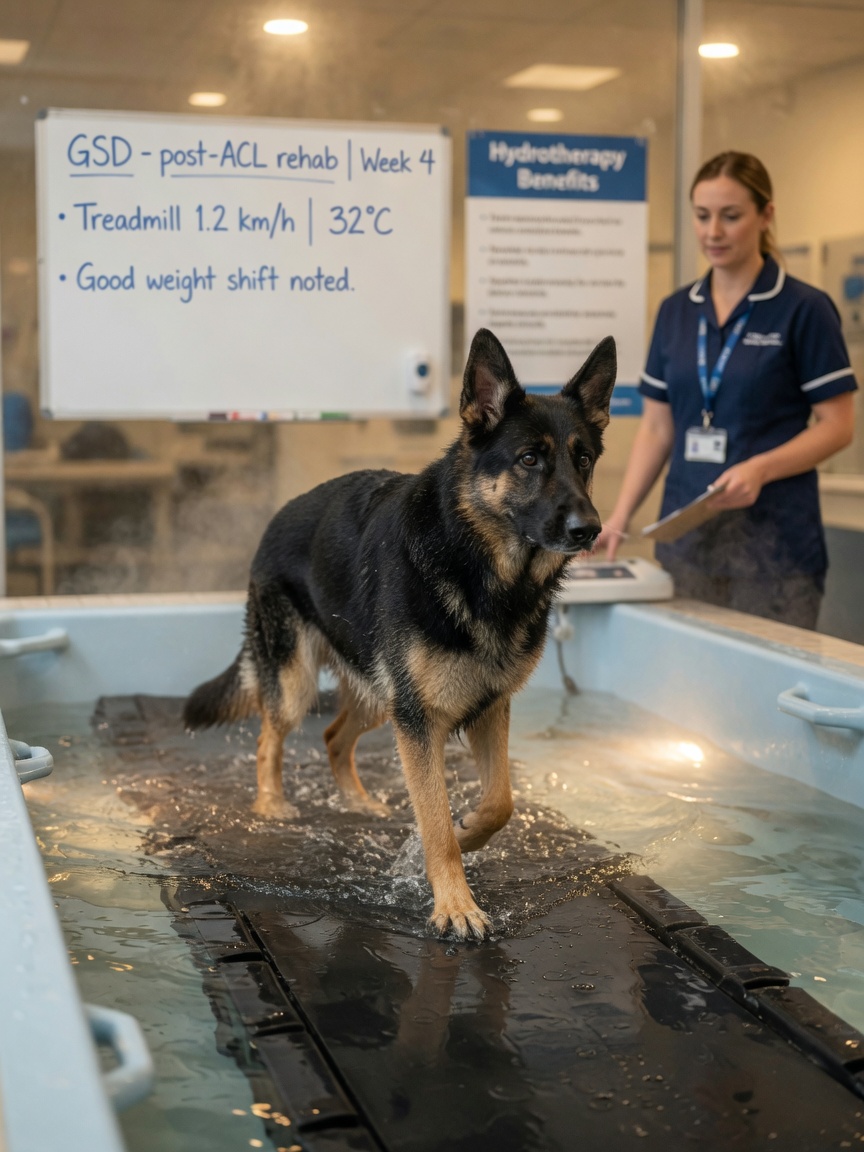 A German Shepherd undergoing hydrotherapy on an underwater treadmill for joint pain management and muscle building.