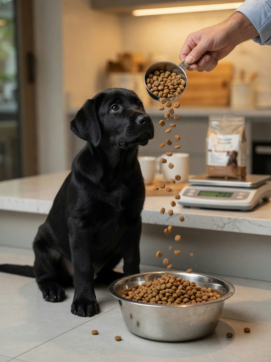 A large breed puppy being fed measured portions of puppy formula kibble, emphasizing controlled nutrition for hip dysplasia prevention.