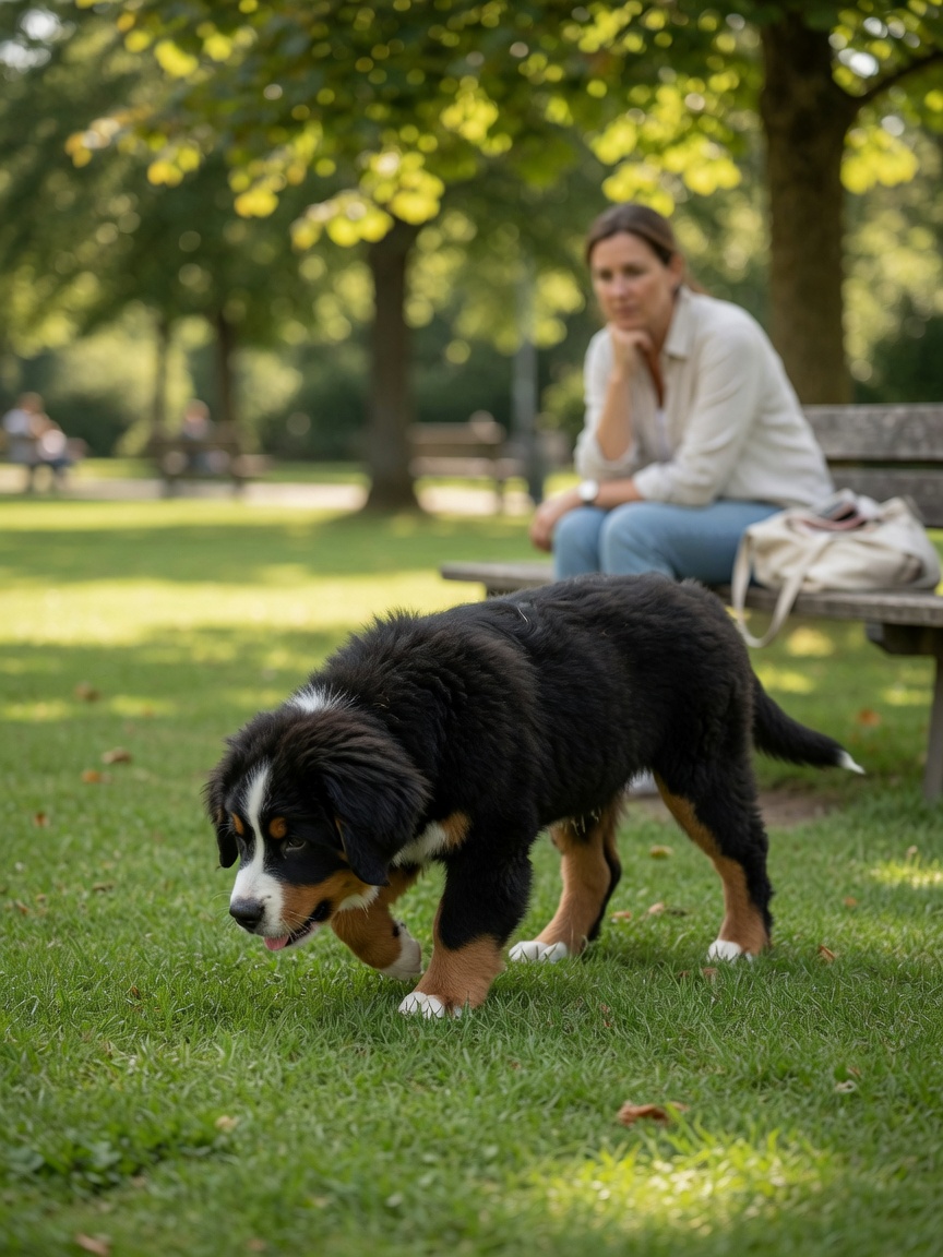 A Bernese Mountain Dog puppy engaged in self-directed free play on flat ground, demonstrating appropriate low-impact exercise.