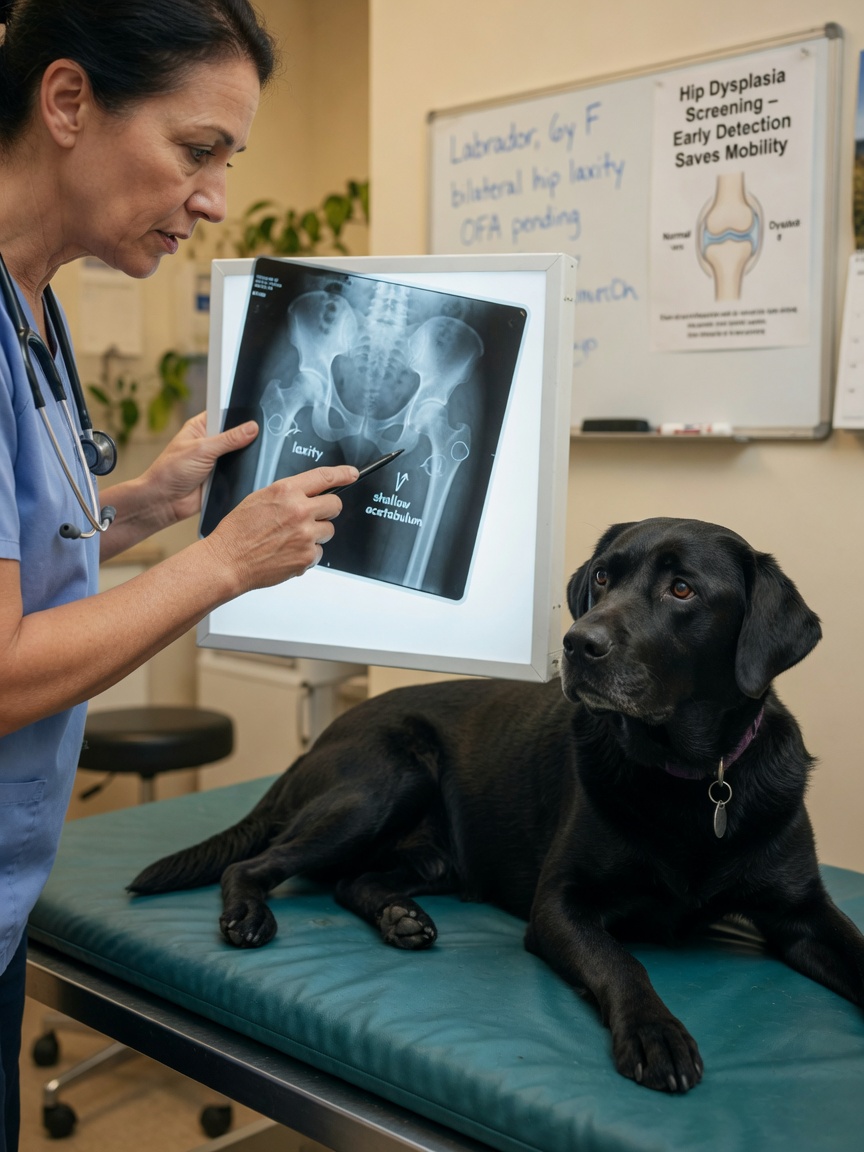 Veterinary surgeon examining hip dysplasia X-ray while a Labrador Retriever waits on examination mat