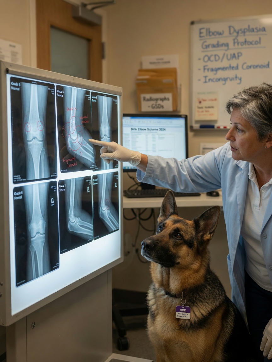BVA scrutineer assessing elbow dysplasia radiographs with German Shepherd Dog present in clinical setting