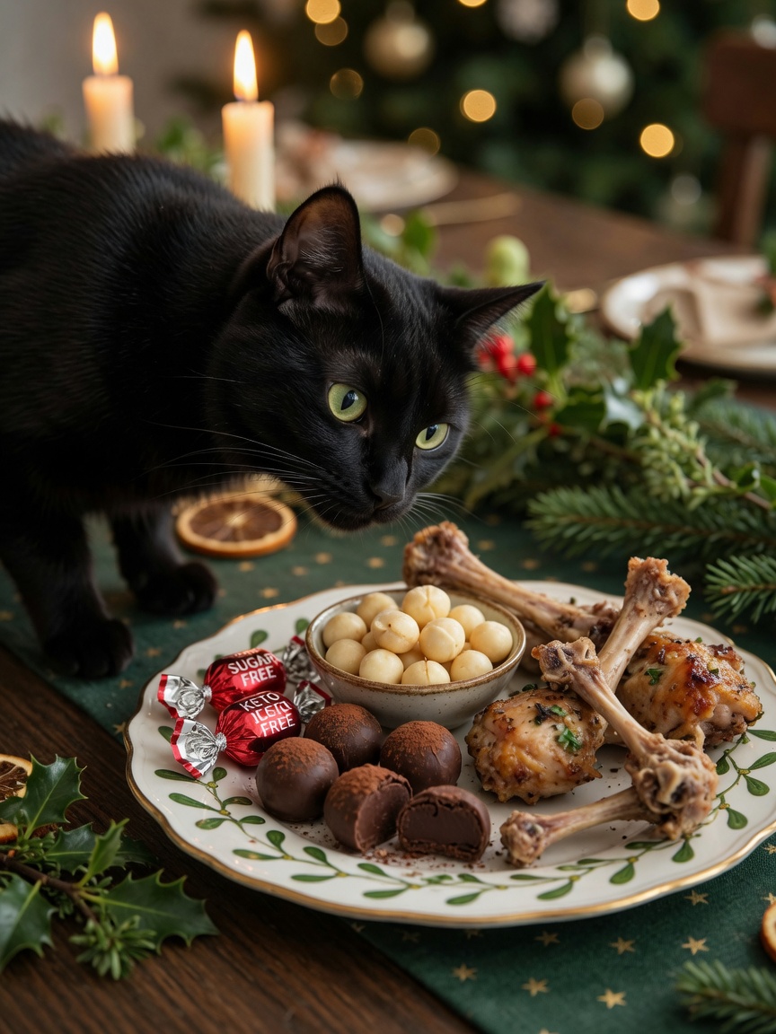 Black cat sniffing toxic holiday foods including chocolate, sugar-free candy, macadamia nuts, and cooked bones on festive platter