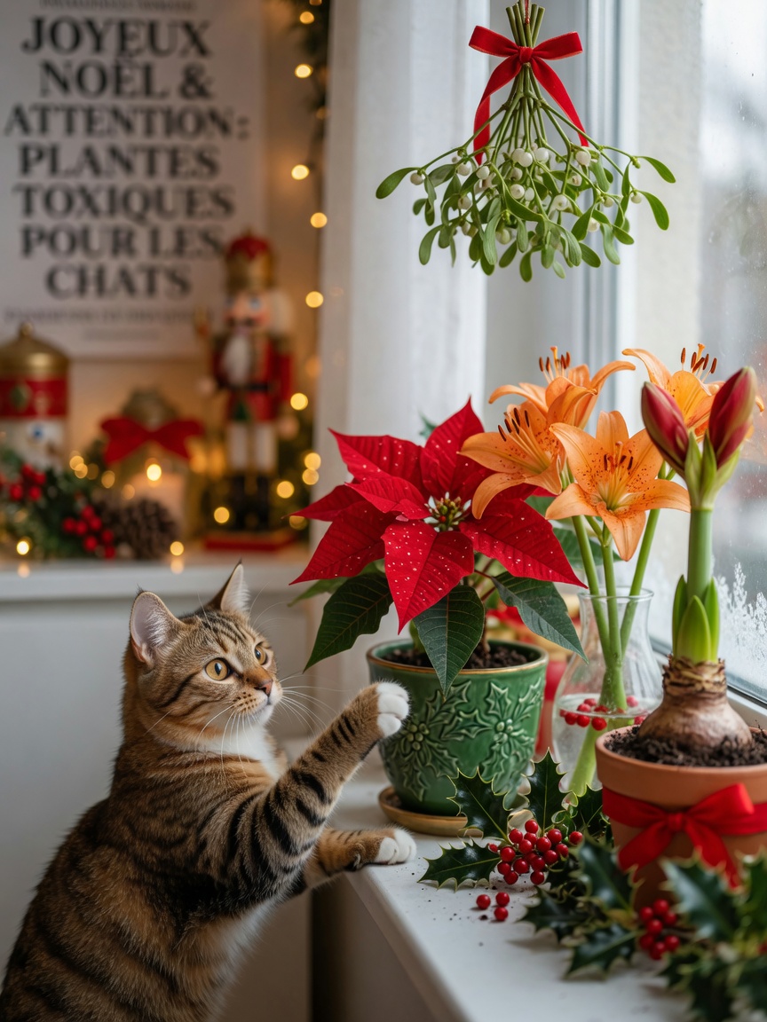Tabby cat pawing at toxic holiday plants including poinsettia, lilies, amaryllis, holly, and mistletoe on windowsill