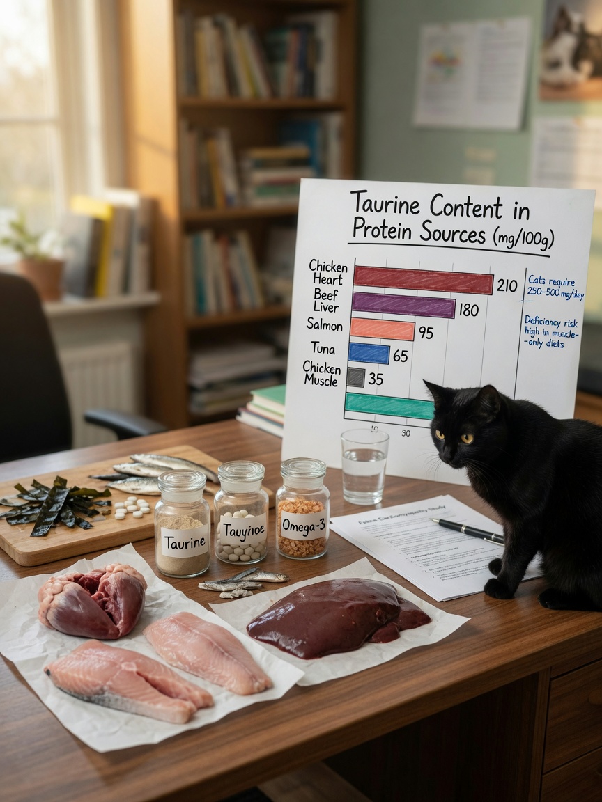 Cat nutrition ingredients and supplements displayed with a black cat observing the nutritional components