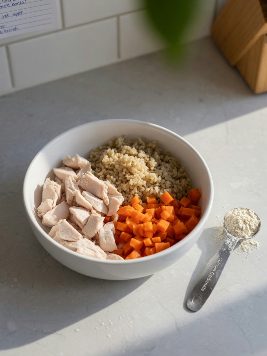 Tigela simples de ração caseira para cão com frango, arroz e cenoura ao lado de medida de suplemento de cálcio, mostrando incompletude nutricional