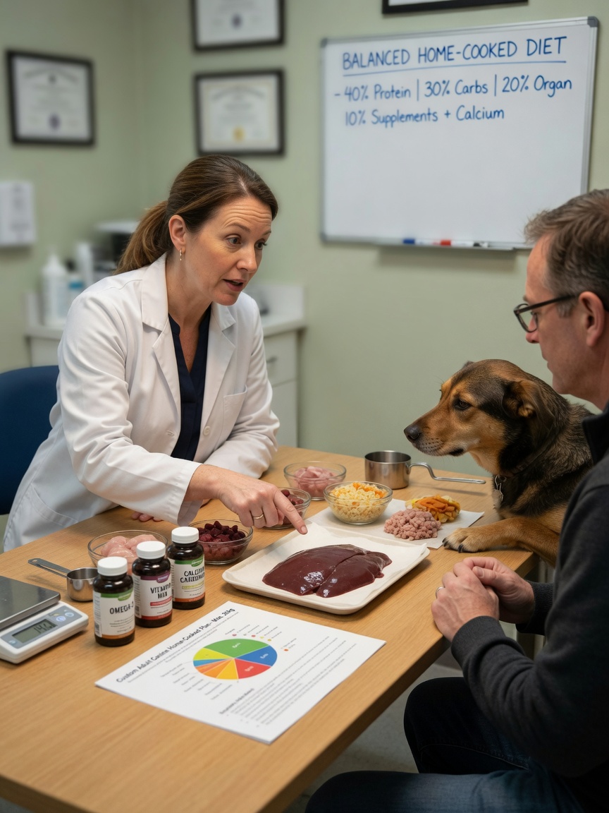 Nutricionista veterinário consultando com proprietário de cão sobre ração caseira adequadamente formulada, com ingredientes medidos e suplementos visíveis na mesa