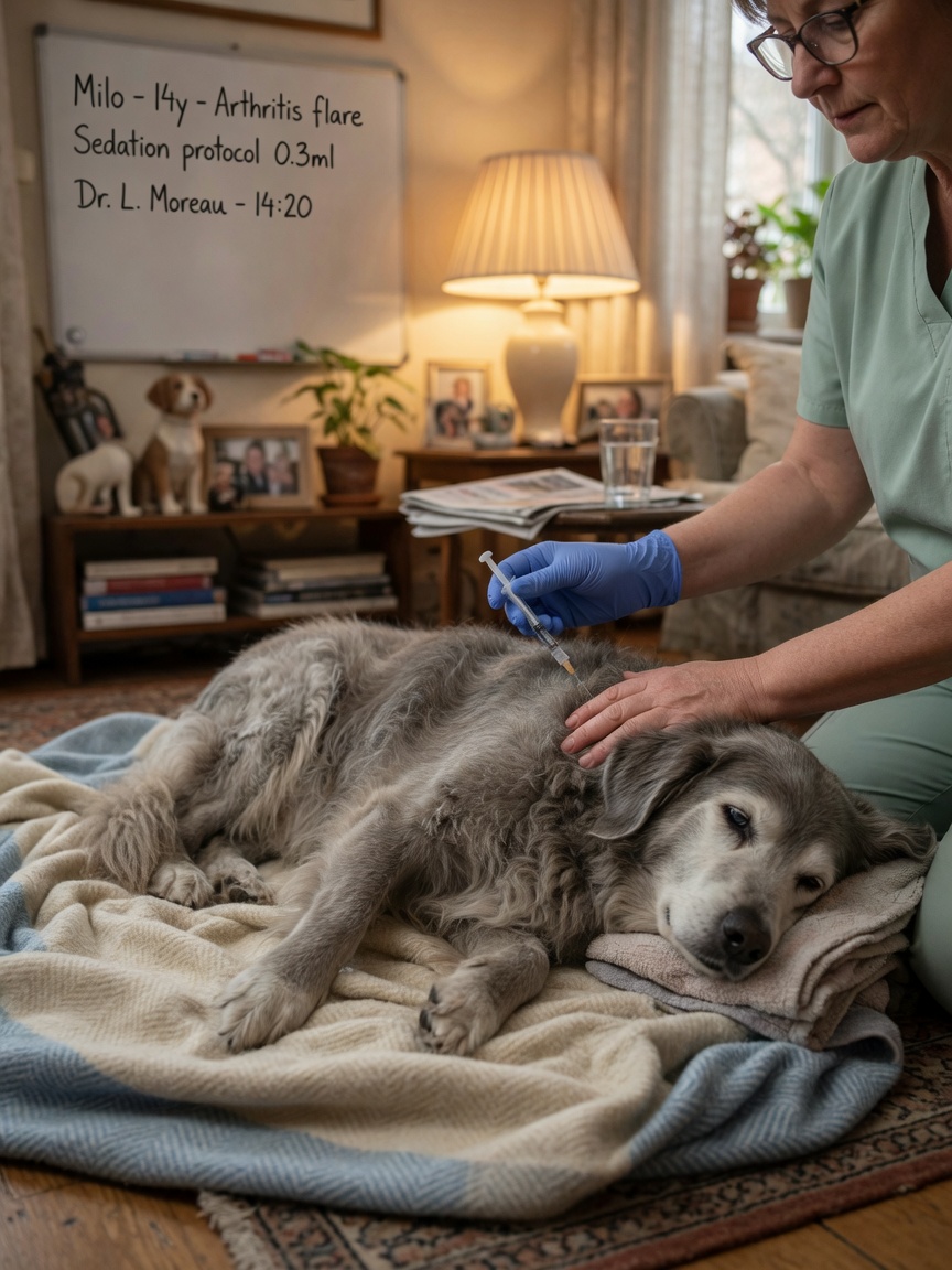 Veterinarian gently administering sedative injection to a peaceful elderly pet on soft bedding in a home environment