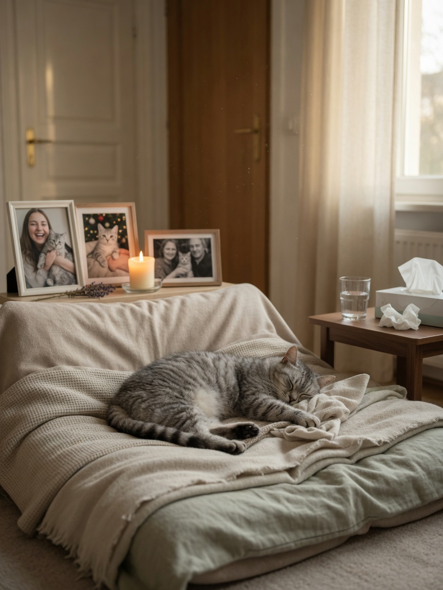 Carefully prepared home room with soft bedding, tissues, water glass, and warm lighting creating a peaceful atmosphere