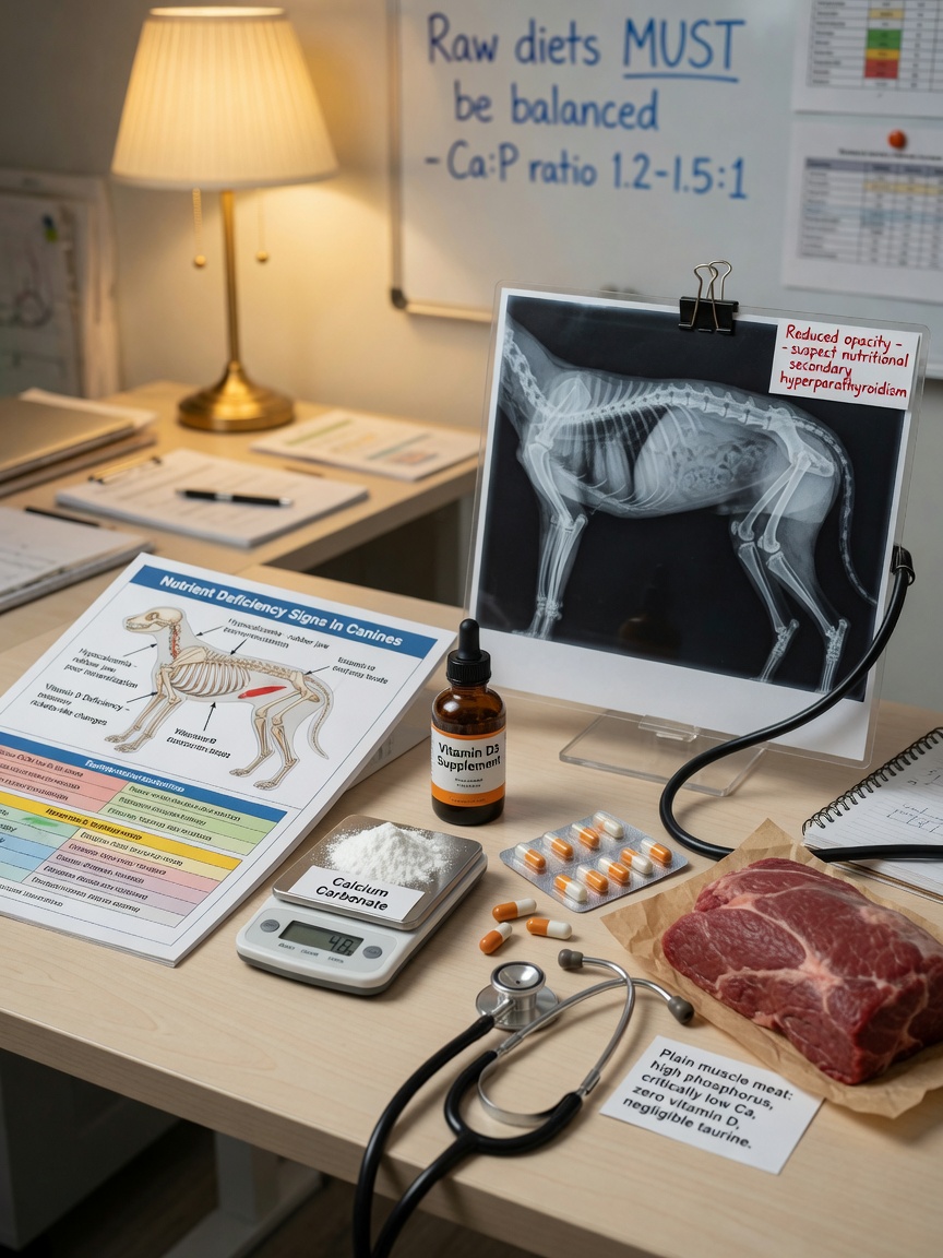 L'area di lavoro di un nutrizionista veterinario con integratori di calcio e vitamine, materiali di riferimento nutrizionali e carne cruda enfatizzando le carenze minerali nel cibo per cani fatto in casa