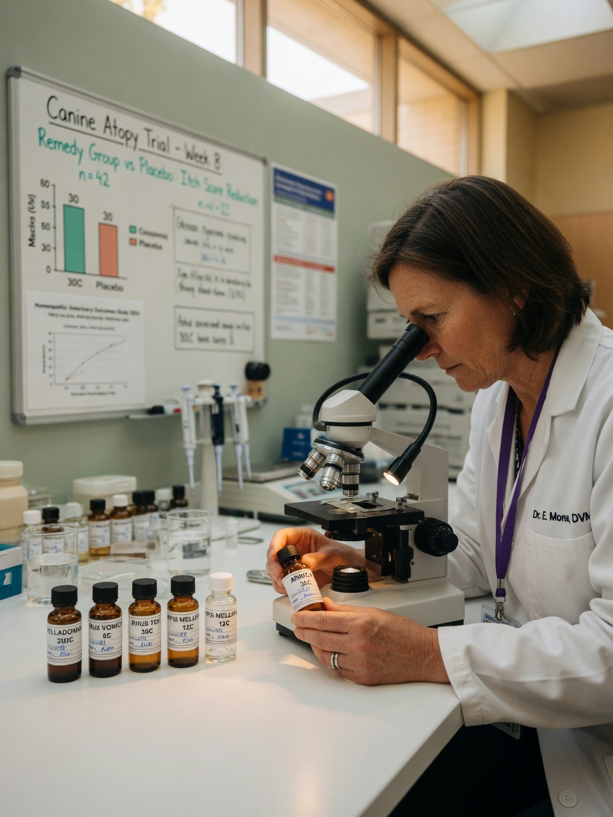 Veterinary researcher examining homeopathic remedy vials in laboratory setting