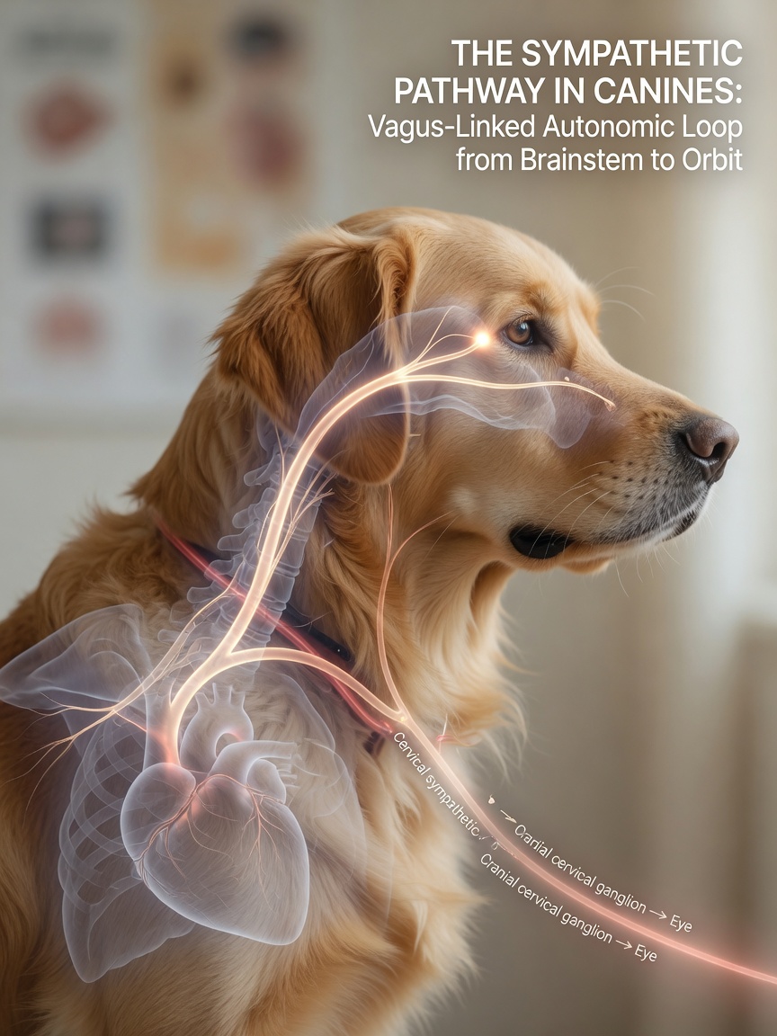 Side profile of a dog showing the sympathetic nerve pathway from brain through spine, chest, and neck to the eye