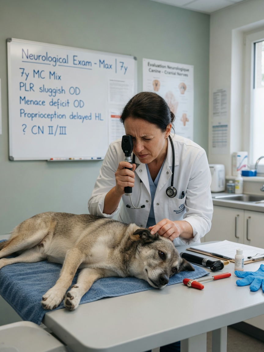 Veterinary neurologist conducting a comprehensive examination of a dog, using diagnostic tools to assess Horner syndrome