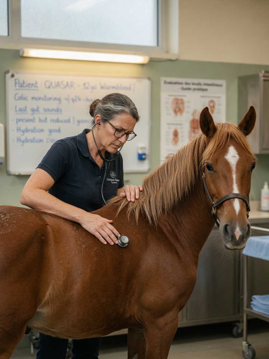 An equine veterinarian using a stethoscope to listen to a chestnut horse's abdomen during a colic examination