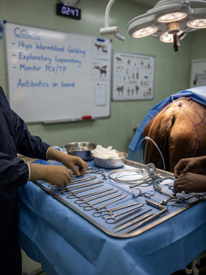 Surgical instruments and equipment arranged in an equine operating theatre prepared for colic surgery