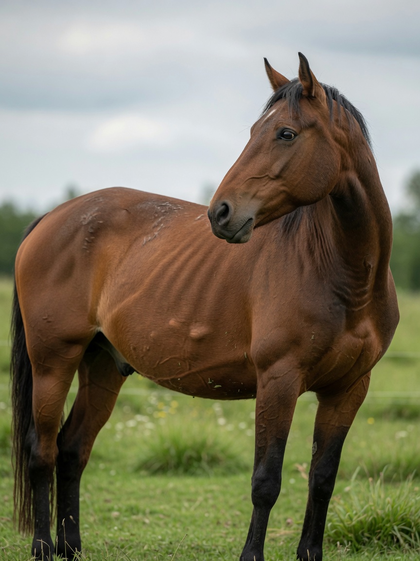 Horse showing physical signs of colic with tense body posture in a pasture setting