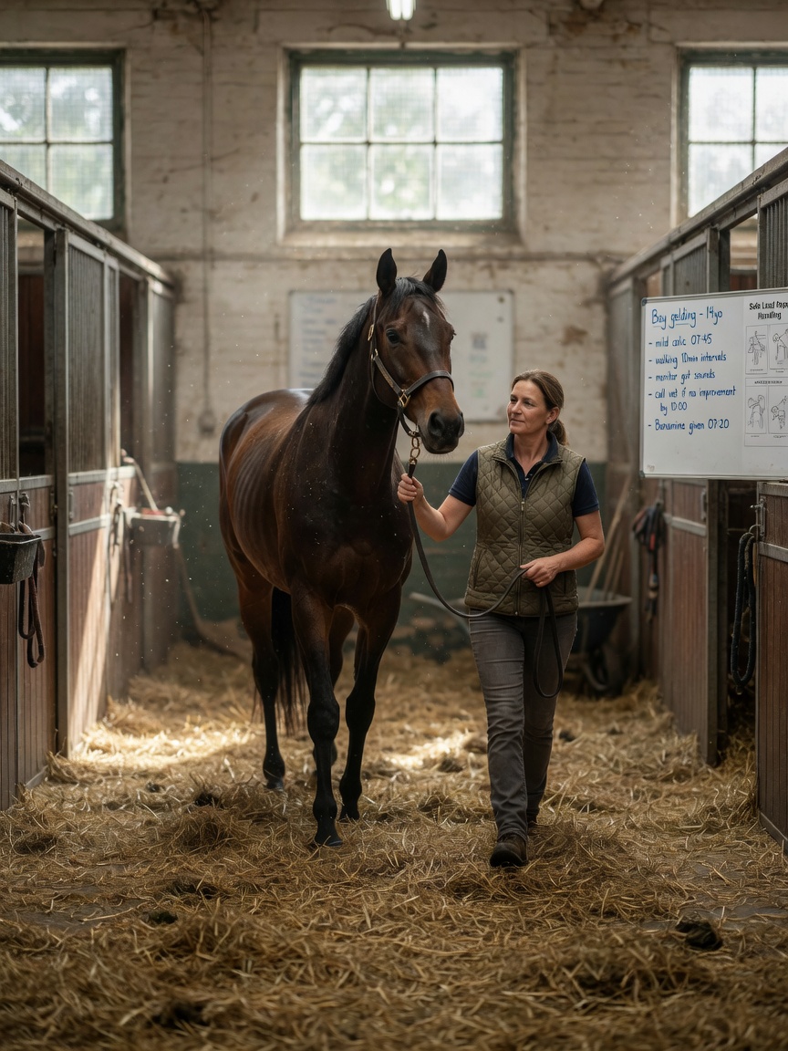 A horse owner walking a bay horse in hand through a deeply bedded stable aisle during emergency care