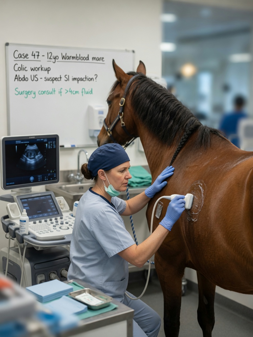 A veterinarian performing an ultrasound examination on a horse's abdomen to assess internal colic lesions