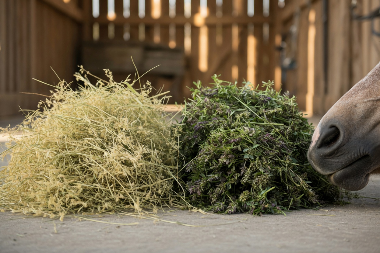 Timothy hay and alfalfa hay comparison with horse examining both types