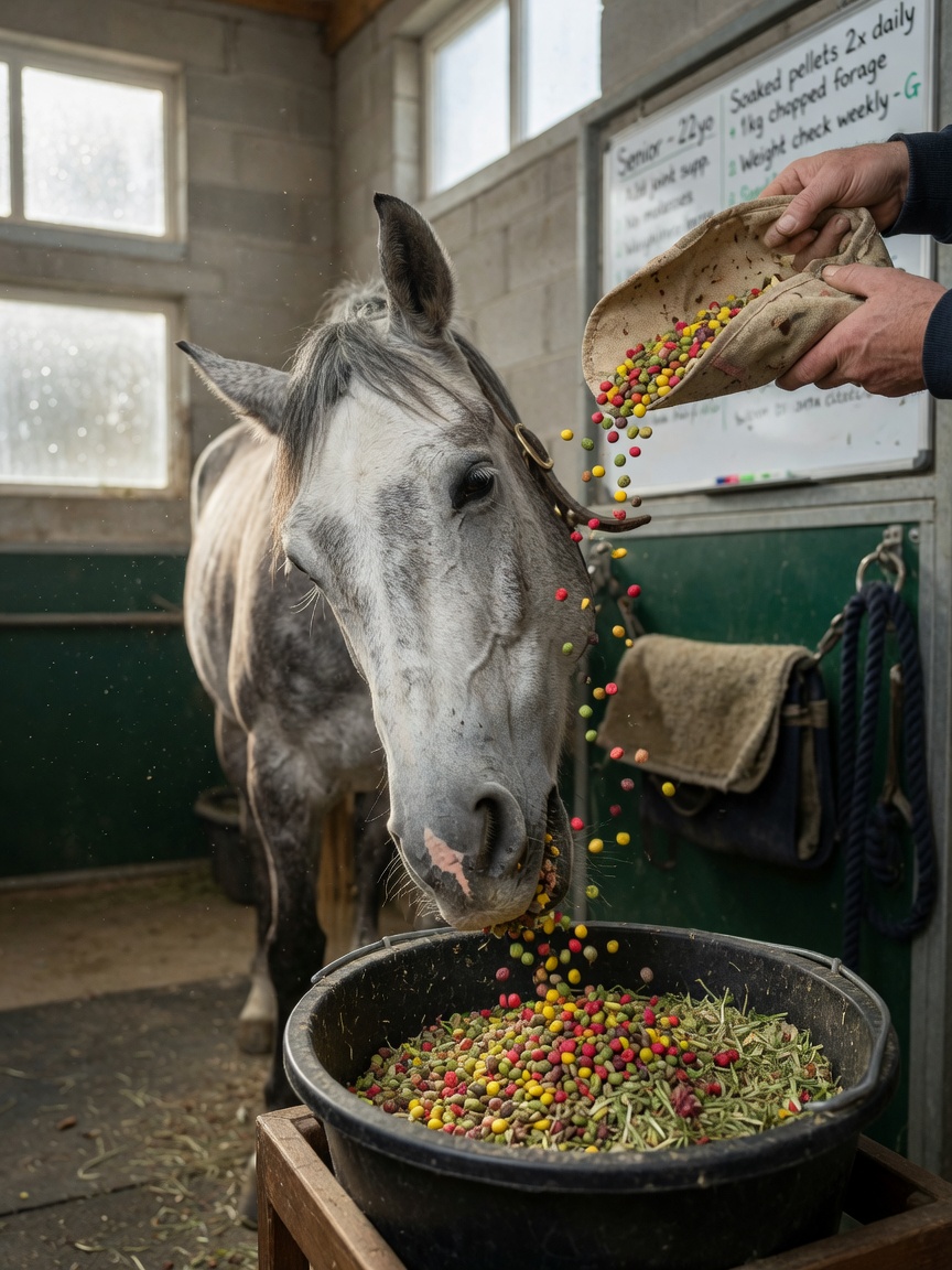 Senior gray horse eating concentrated feed from a bucket with handler assistance