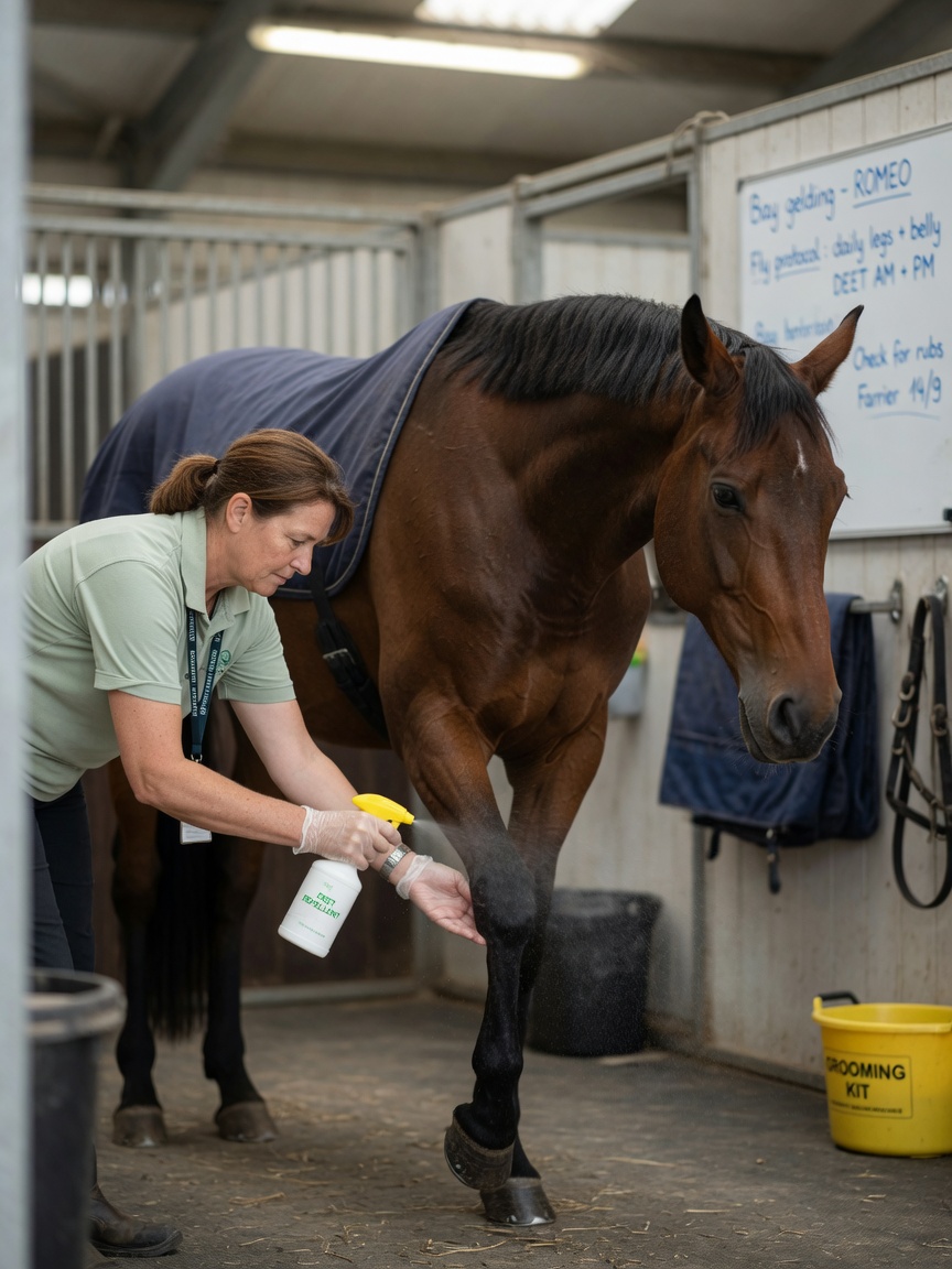 Handler applying chemical repellent spray to horse's legs in stable