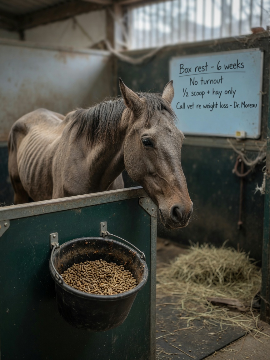 Horse showing poor body condition during box rest with inadequate forage and concentrate feed visible in bucket