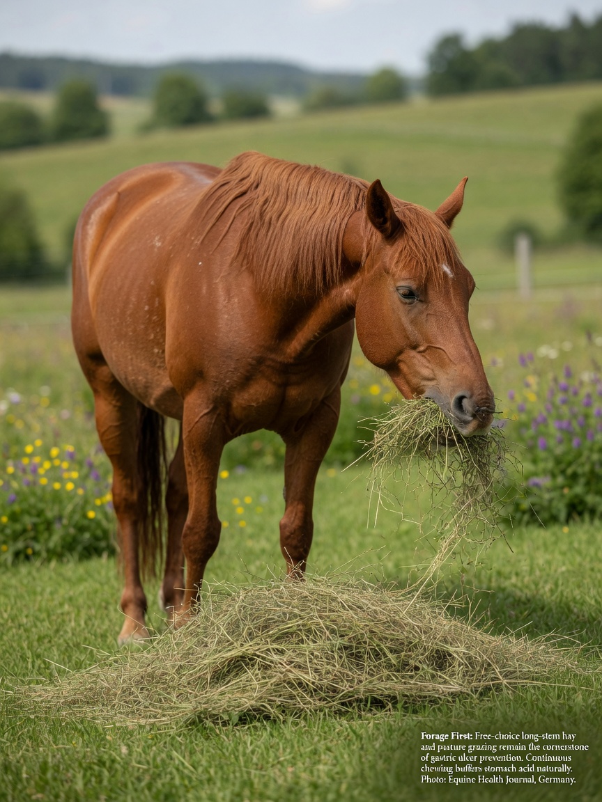 Healthy horse grazing continuously in pasture with abundant forage, demonstrating optimal preventative feeding management for gastric ulcers