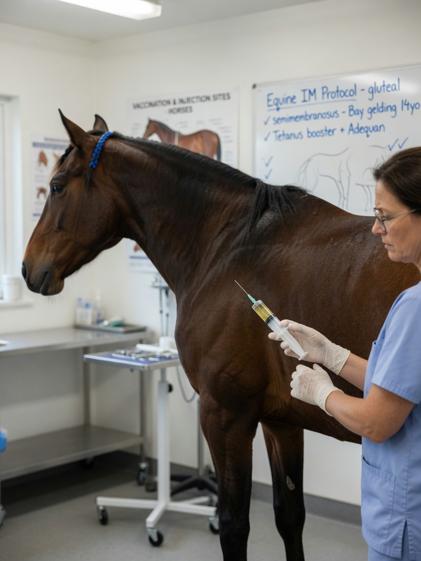 Veterinarian administering an intramuscular Adequan injection to a horse's hindquarters