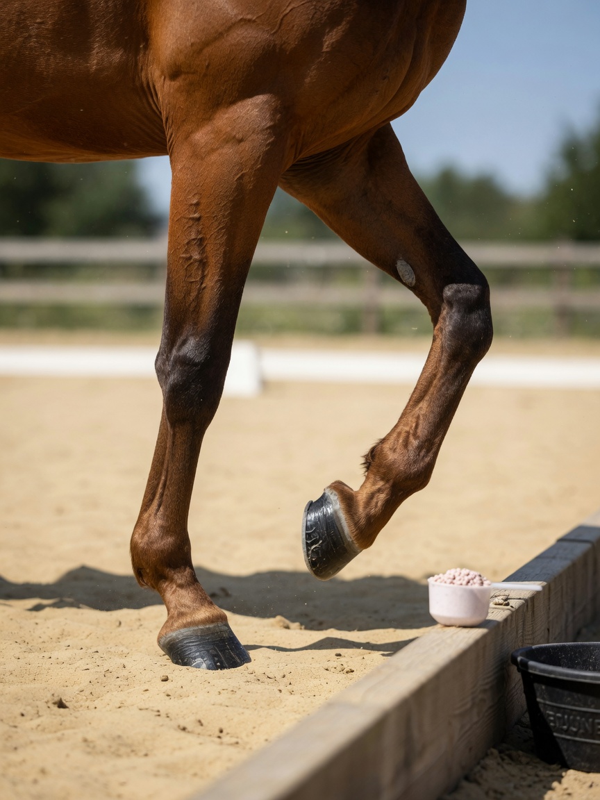 Le zampe e le articolazioni di un cavallo durante l'allenamento su arena sabbiosa, con supplemento vicino