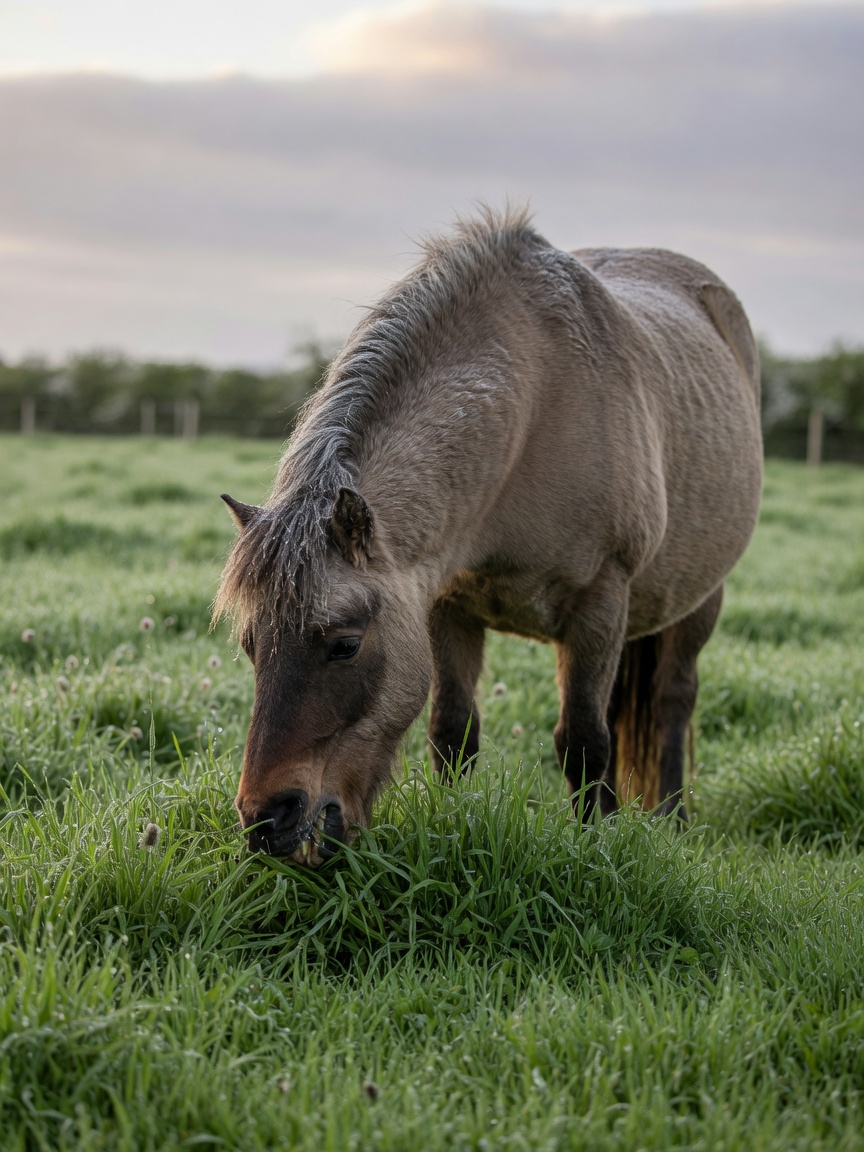 A native pony with thick neck grazing in lush spring grass covered with frost, representing high-fructan grass triggers for laminitis