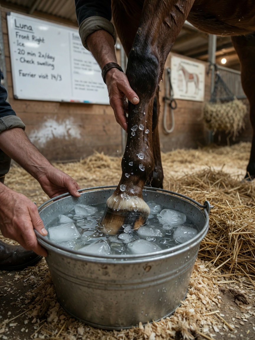 A horse's hoof submerged in an ice-water bucket for emergency cryotherapy during acute laminitis management
