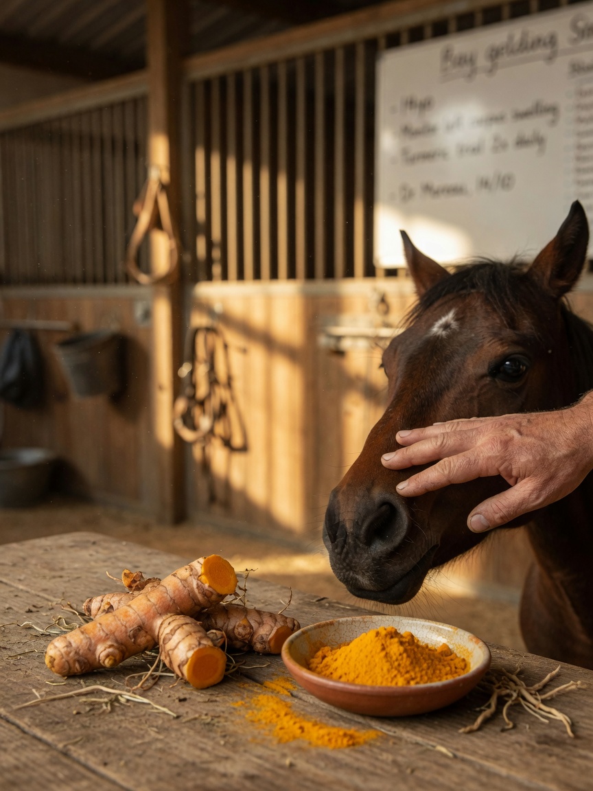 Turmeric root and powder displayed beside a veterinarian examining a bay horse's inflamed knee joint in stable setting