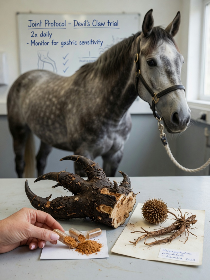 Devil's claw plant root displayed on a vet table with a competition horse wearing show halter in the background