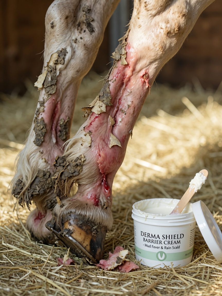 Horse's lower leg with severe mud fever showing crusted scabs and inflammation around pastern and heel
