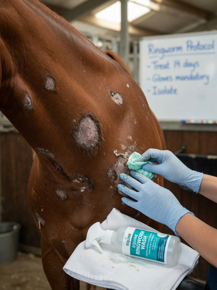 Horse showing circular ringworm lesions with hair loss and scaling on neck and girth area, with antifungal treatment being applied