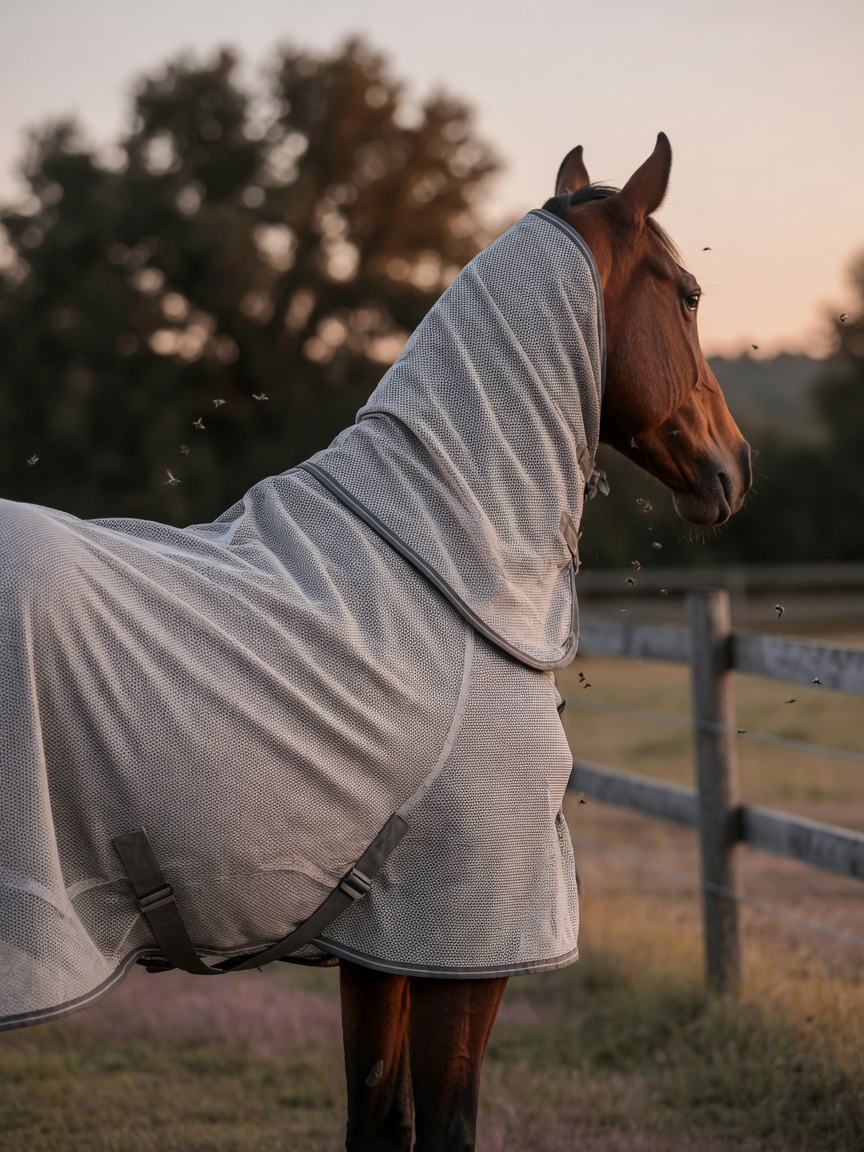 Bay horse wearing a fitted fine mesh Boett sweet itch rug during golden hour, demonstrating full body protection against midges