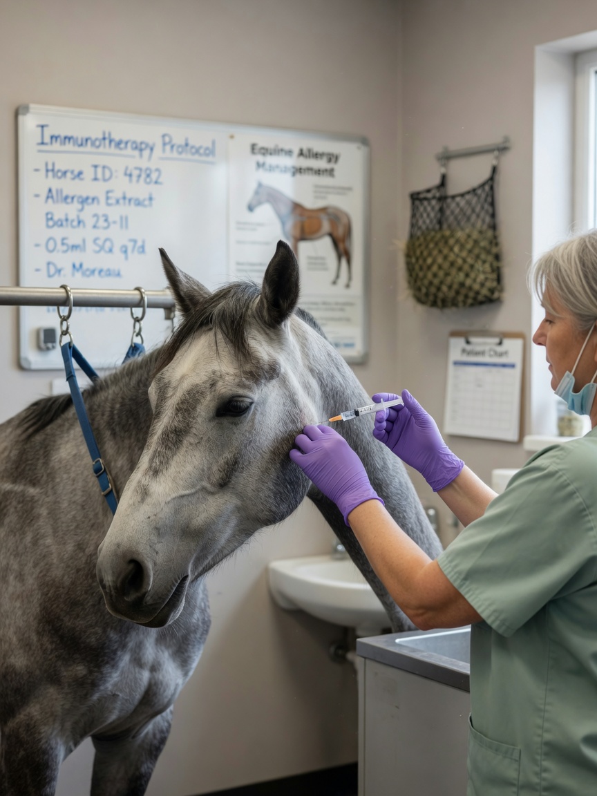 Equine veterinarian administering an immunotherapy injection to a calm grey horse's neck for sweet itch desensitisation treatment