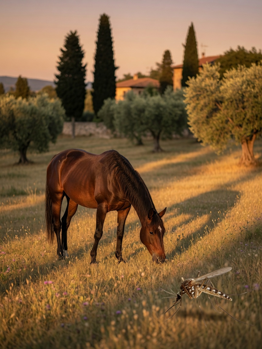 Bay horse grazing in Mediterranean landscape with mosquito suggesting West Nile Virus risk