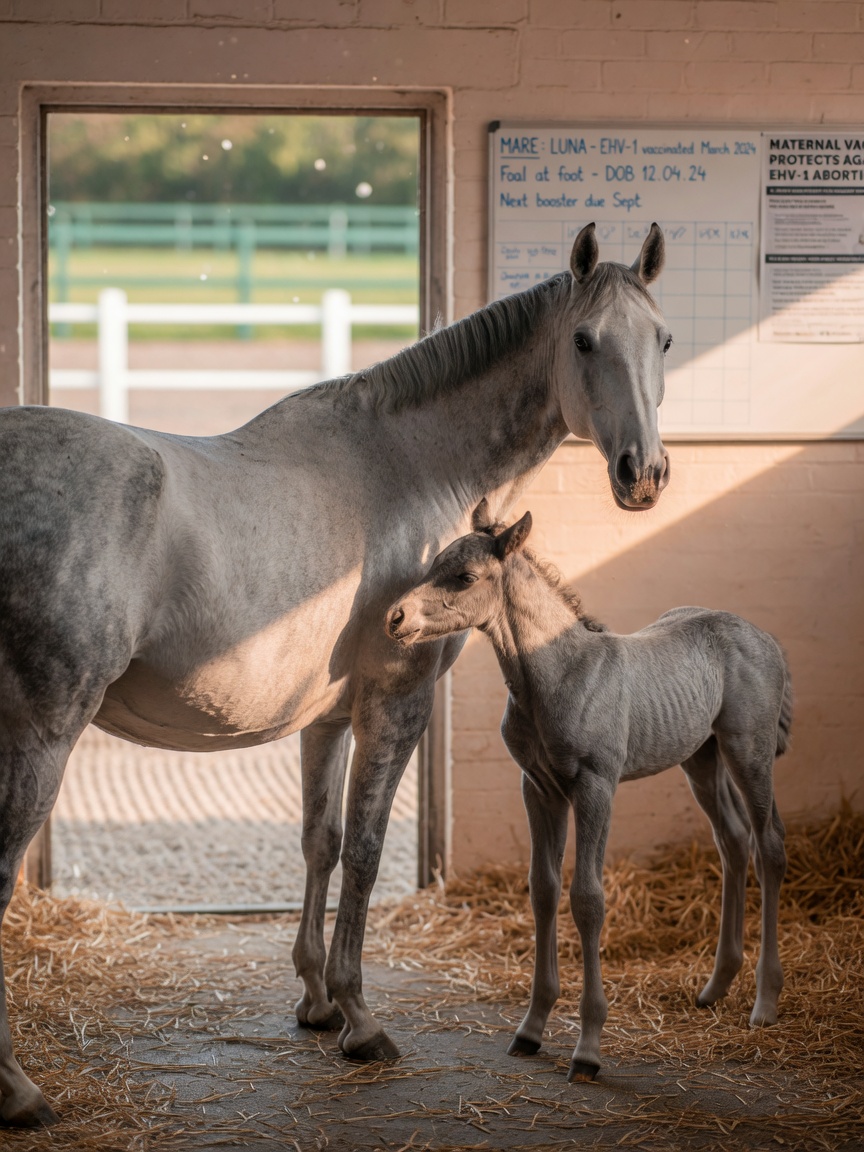 Grey mare with young foal in breeding yard illustrating EHV protection through vaccination