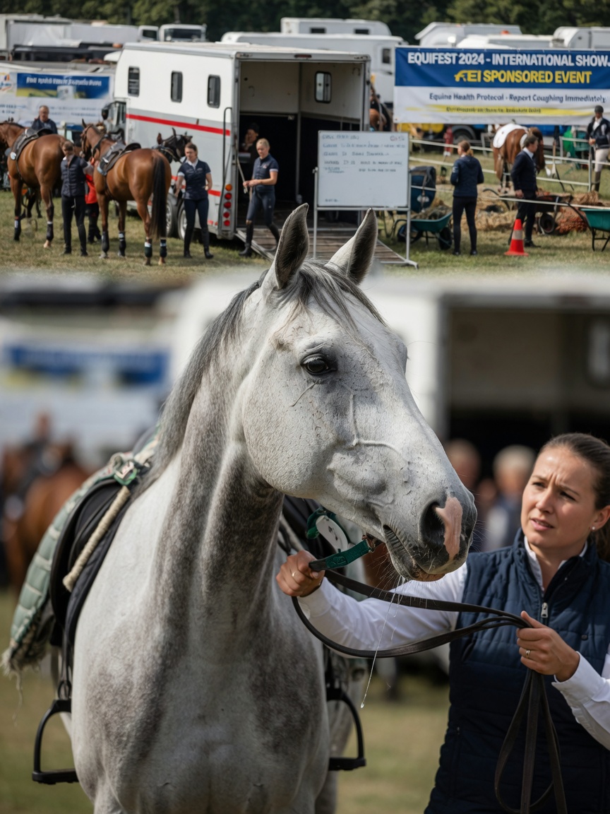 Grey horse displaying respiratory symptoms at a crowded competition venue with other horses in background