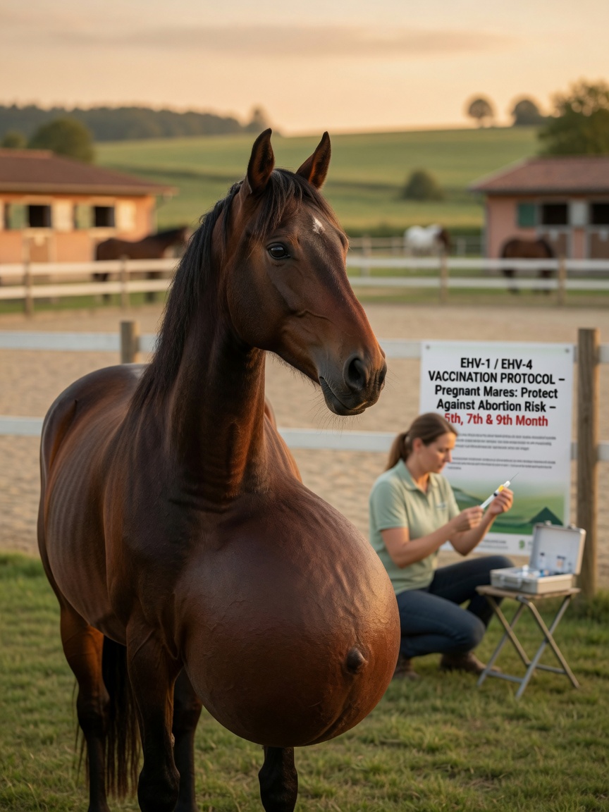 Pregnant bay mare on a stud farm with veterinarian preparing EHV vaccination in the background