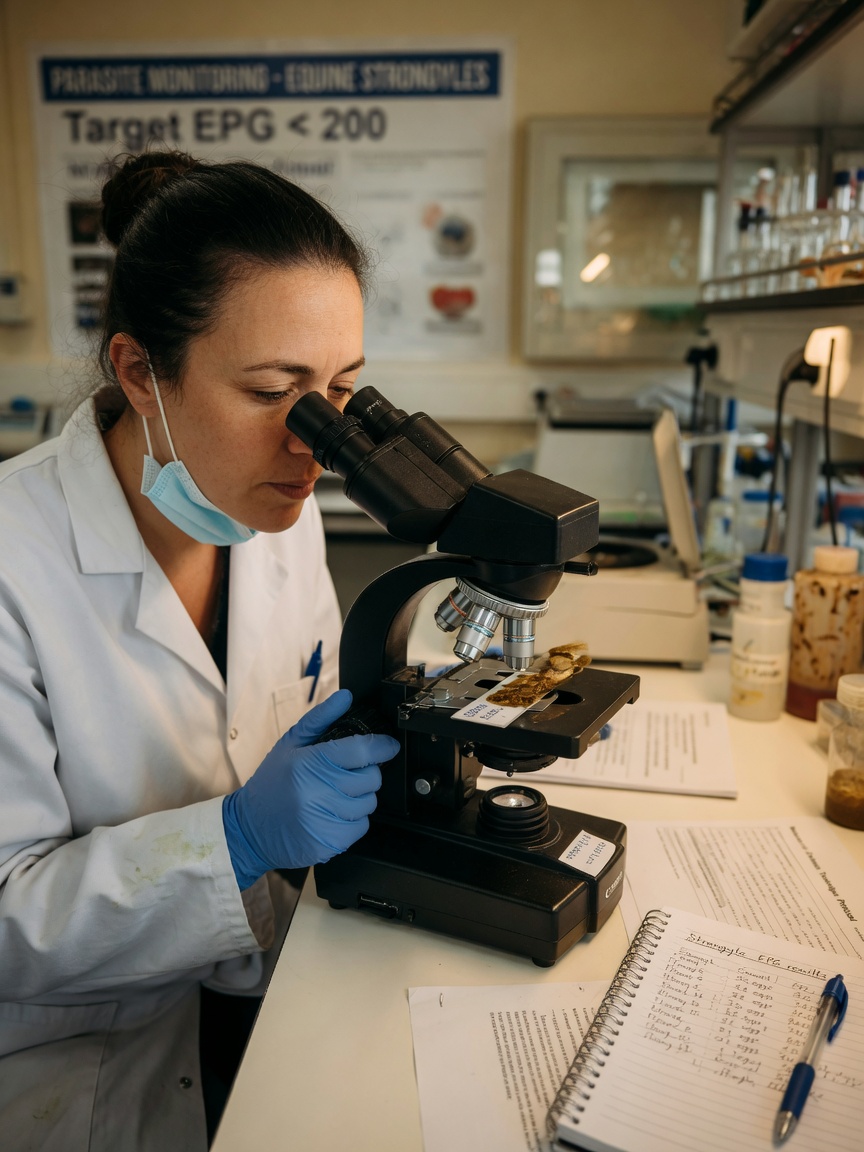 Laboratory technician examining a horse dung sample under a microscope to count strongyle eggs per gram
