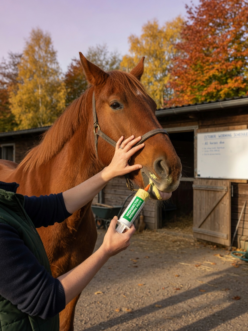 Veterinarian administering moxidectin treatment to a chestnut horse in late autumn to target encysted cyathostomins