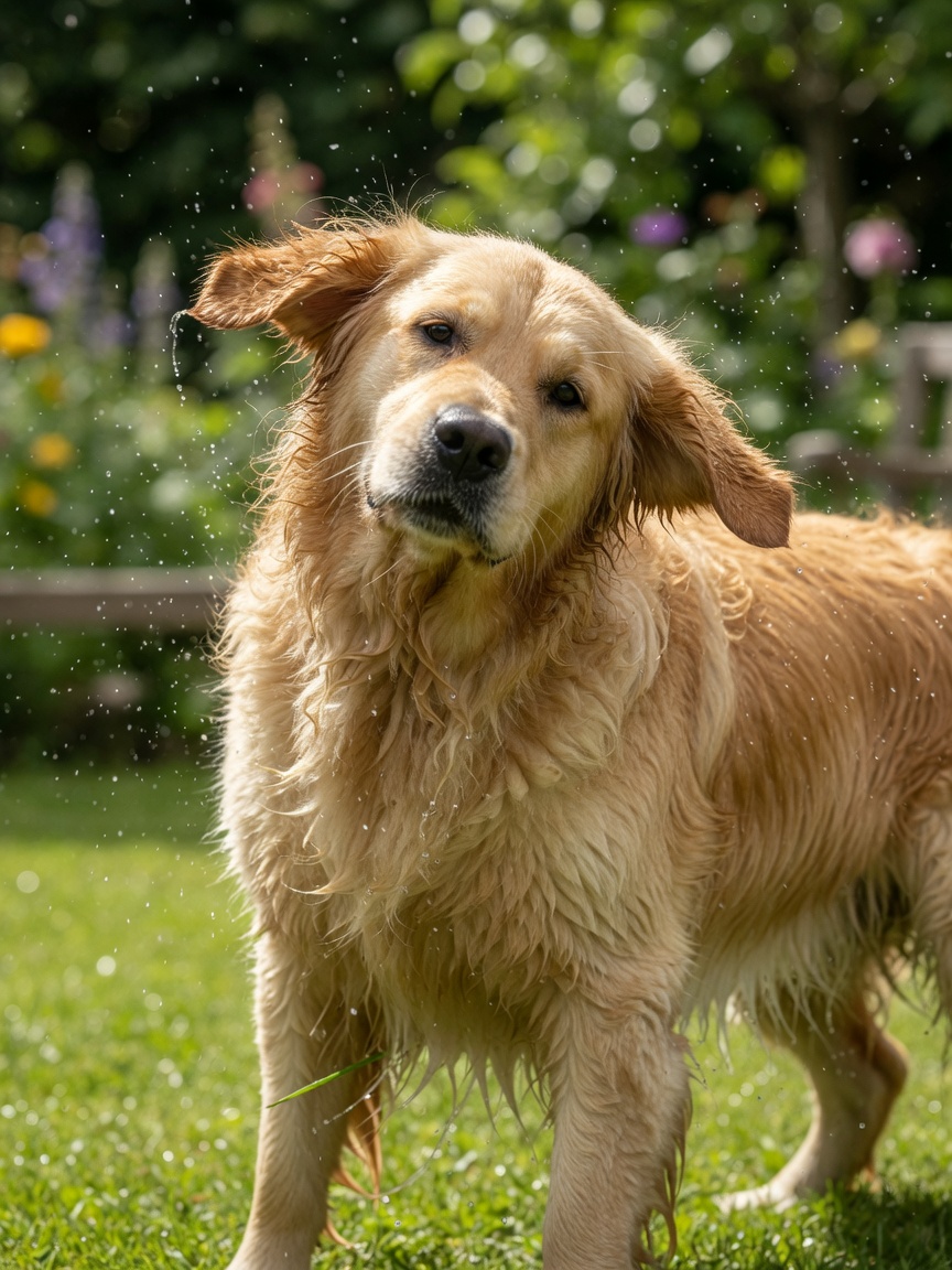 A wet Golden Retriever with long, thick golden coat after swimming, showing moisture trapped in dense fur on a sunny day